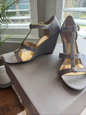 COACH Wedge T-Strap Sandals in GREY with Gold Accents